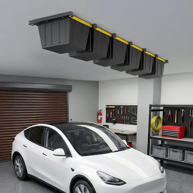 automoris 6-Bin Overhead Garage Rack, Ceiling Tote Rails, 600Lb Cap,