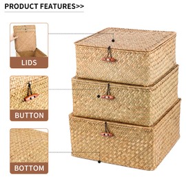 SHEYRAJIIA 3 Pack Cube Seagrass Storage Bins with Lids, Rattan Woven Decorative Storage Boxes, Wicker Storage Baskets for Shelves, Storage Containers for Organizing, Clothes and Hobby Things