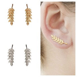 Allereya Bohemia Leaf Ear Climber Earrings Gold Crawler Earrings Leaf Stud Earrings Wrap Pins Earrings Minimalist Everyday Earrings Jewellery for Women and Girls (Gold)