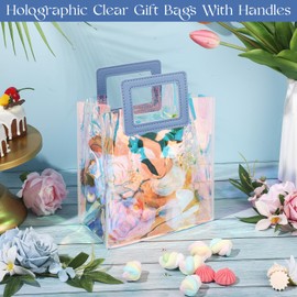 Liobelon 10 Pieces Holographic Clear Gift Bags with Handles, 7.9 x 7.1 x 3.9 Inch Iridescent Reusable Clear Tote Bag PVC Small Gift Bags for Wedding Birthday Baby Shower Party Supplies (Blue Handle)
