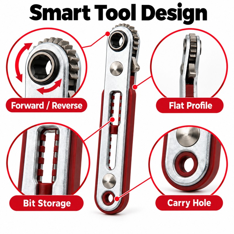 Multifunctional Reversible Ratchet Screwdriver – Bidirectional Right-Angle Phillips & Flat-Head