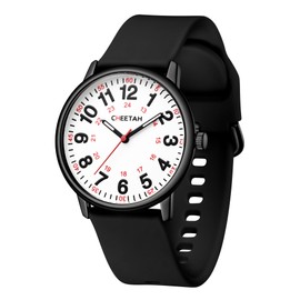 CHEETAH Watches for Nurse Men Women Medical Professionals, Students with Luminous Easy Read Dial in White, Second Hand 24 Hour, Waterproof Silicone Band in Black