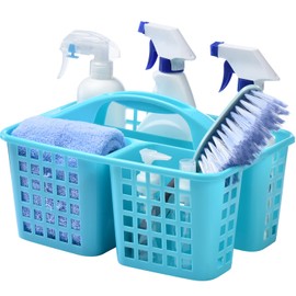 Haundry Plastic Shower Caddy Basket with 3 Compartments, Portable Divided Cleaning Supply Storage Organizer with Handle (Blue)