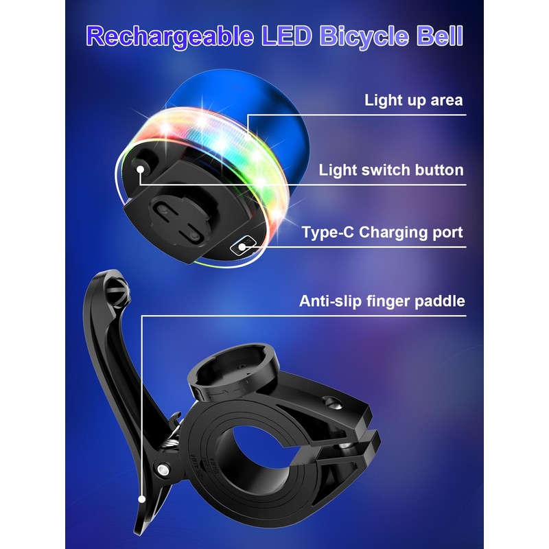 Bike Bell with RGB Lights, Bike Bell for 19-31.8mm Bicycle
