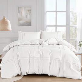 Grid Tufted Duvet Cover Double Size,Pintuck Pinch Pleated Chic Duvet Cover Bedding Set, Includes 1 Duvet Cover & 2 Pillowcases (White, 200x200cm)
