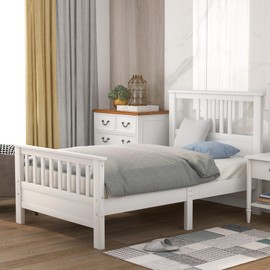 SOFTSEA Twin Size Platform Bed with Headboard and Footboard, Wood Bed Frame with Support Legs, Single Bed Frame for Kids Bedroom, White