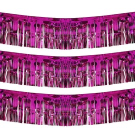 10 Feet by 15 Inch Fuchsia Foil Fringe Garland - Pack of 3 | Shiny Metallic Tinsel Banner | Ideal for Parade Floats, Bridal Shower, Bachelorette, Wedding, Birthday, Christmas | Wall Hanging Drapes