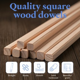 Wood Square Dowel Rods 5/16 inch x 48 Pack of 25 Wooden Craft Sticks for Crafts and Woodworking by Woodpeckers
