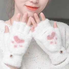 Fingerless Gloves Women's Girls Cover Reversible Gloves Plush Half Gloves Children's Cat Paw Gloves Warm Winter Gloves Winter Half Finger Gloves Warm Mittens, White