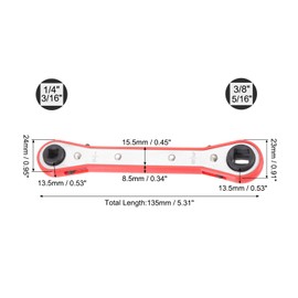 sourcing map HVAC Service Wrench 1/4" 5/16" 3/16" 3/8" 180 Degrees SAE Double Head 16-Teeth Air Conditioner Valve Reversible Ratchet Wrench for Refrigeration Equipment Repair, Silver Red
