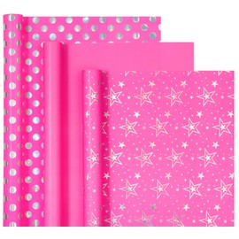 WRAPAHOLIC Pink Girls Wrapping Paper Roll - Mini Roll - 3 Roll - 17 Inch x 120 Inch - Foil Wrapping Paper for Kids Girls Birthday, Baby Shower, Wedding, Bridal Shower