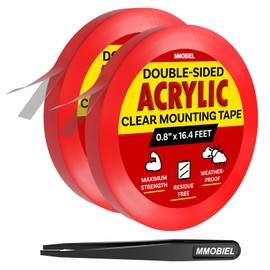 Double-Sided Mounting Tape Acrylic [2 Pack] – 16.4ft x 0.8in Indoor/Outdoor Adhesive - Heavy Duty Removable Clear Nano Tape - Picture Hanging Wall Tape, Carpet Fix Rug Tape, Waterproof - incl. Tweezer