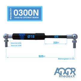 RhedexX® Gas Strut with M6 Ball Joint 525 mm/220 mm/300N - Replacement for Stabilus Lift-O-Mat 083836 0300N - Gas Spring Ball Head Liftomat (525/220/300N - 083836)