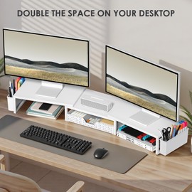 OPNICE White Dual Monitor Stand Riser, Metal Desk Organizers and Accessories with Drawer and 2 Pen Holders, Computer Monitor Stand for Desk