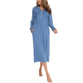 Sopesil Women's Long Nightdresses V Neck Soft Button Down Sleep Dress Ladies Classic Nightgowns Sleepwear with Pockets A-Cobalt Blue,L