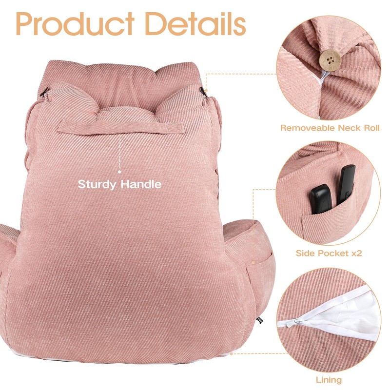 Pink Reading Pillow for Bed with Arms, 28" Tall Corduroy