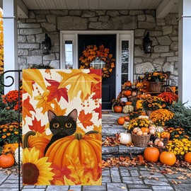 Fall Cat Pumpkin Garden Flag 12x18 Inch Double Sided Thanksgiving Maple Leaves Sunflower Yard Outdoor Flag House Holiday Outside Decoration Burlap
