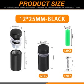 Rustark 12 Sets 1/2" x 1" Black Stainless Steel Standoff Screws Advertising Mounting Hardware Wall Mount Glass Standoff Holder for Hanging Acrylic Signs Glass Panel Advertising (12mm Dia. x 25mm L.)