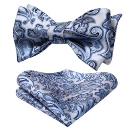 SetSense Men's Floral Jacquard Wedding Party Self Bow Tie Pocket Square Set,L219 Blue/Gray,One Size