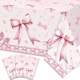 Coquette Birthday Decorations Pink Bow Birthday Decorations 3Pcs Pink Bow Tablecloths Disposable Plastic Pink Happy Birthday Tablecloth for Women Girls Bridal Baby Shower Bachelorette Party Supplies