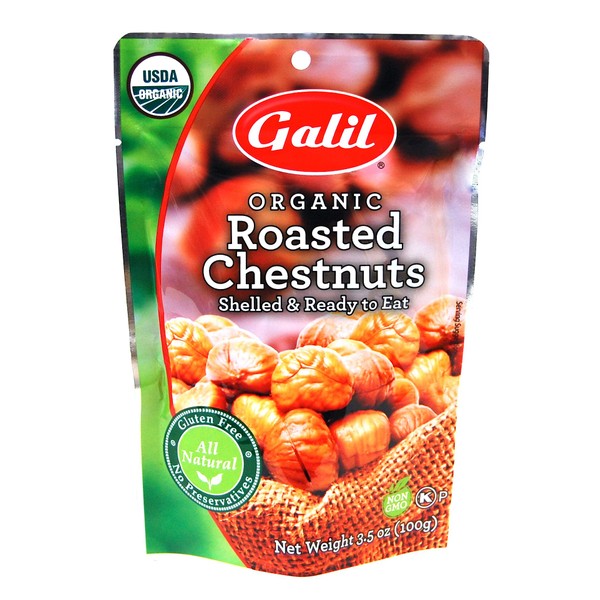 Galil Organic Roasted Chestnuts | Shelled | Ready to Eat Snack | Gluten Free, All Natural, 100% Vegan, No Preservatives | Great for Snacking, Baking, Cooking & Turkey Stuffing | 3.5oz Bags (Pack of 6)