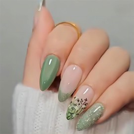 Vokupoga Cat Eye Press on Nails Almond Press on Nails Medium Fake Nails Green French Tip Acrylic False Nails with Flower Designs Glitter Artificial Nails Cute Butterfly Stick on Nails for Women 24Pcs