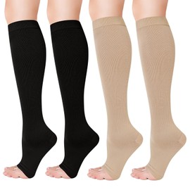 2 Pairs Toeless Compression Socks for Women, Flight Socks for Women, Support Socks for Women, Flight Socks for Travel Running Nurses Flight Maternity Pregnancy(Beige Black)