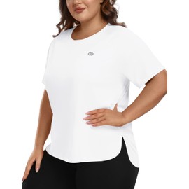 MoFiz Women's Plus Size Workout Tops UPF50+ Breathable Short Sleeve Loose fit Running Gym Athletic Tee Top White 3XL