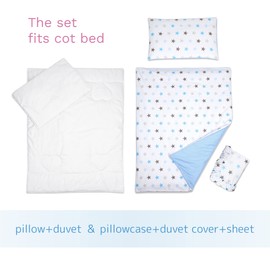 5 Piece Bedding Set Duvet Pillow with Covers & Cotton Sheet for 140x70 cm Baby Cot Bed (Stars Blue)
