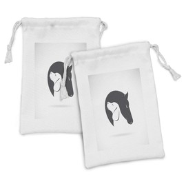 Ambesonne Animal Fabric Pouch Set of 2, Contemporary Image of a Dog and Horse Hugging Loyal Friend Heads Print, Small Drawstring Bag for Toiletries Masks and Favors, 9" x 6", Black White