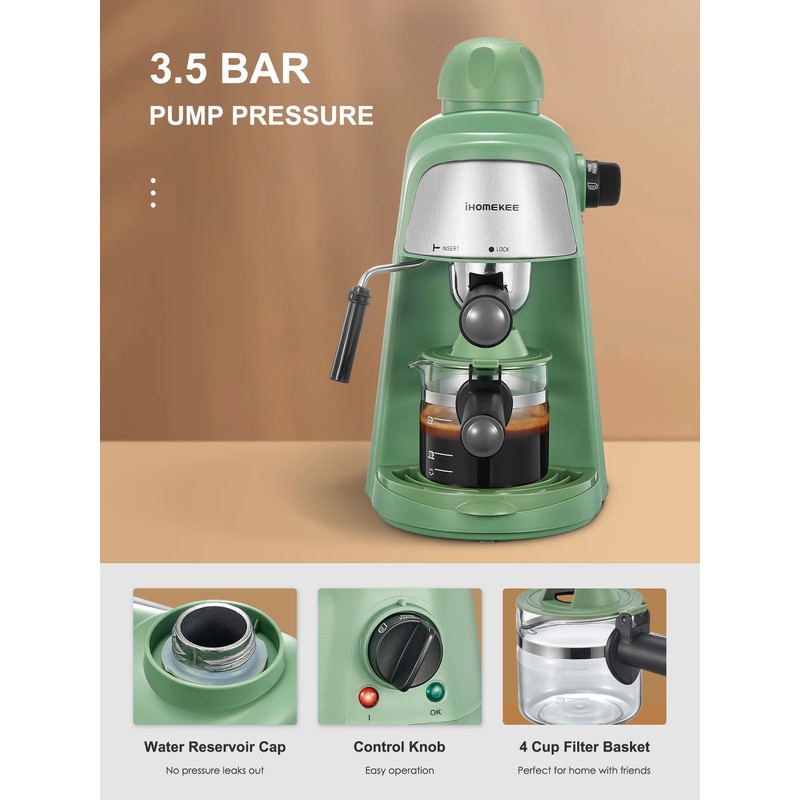 Ihomekee Espresso Machine, 3.5Bar Espresso and Cappuccino Machine with Fast