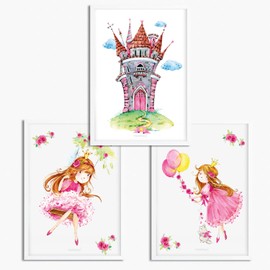 Sunnywall® Set of 3 | Princess Pink Castle | Poster Children's Room – A4 Pictures Baby Room Children's Poster | Without Picture Frame | Decorative Girl