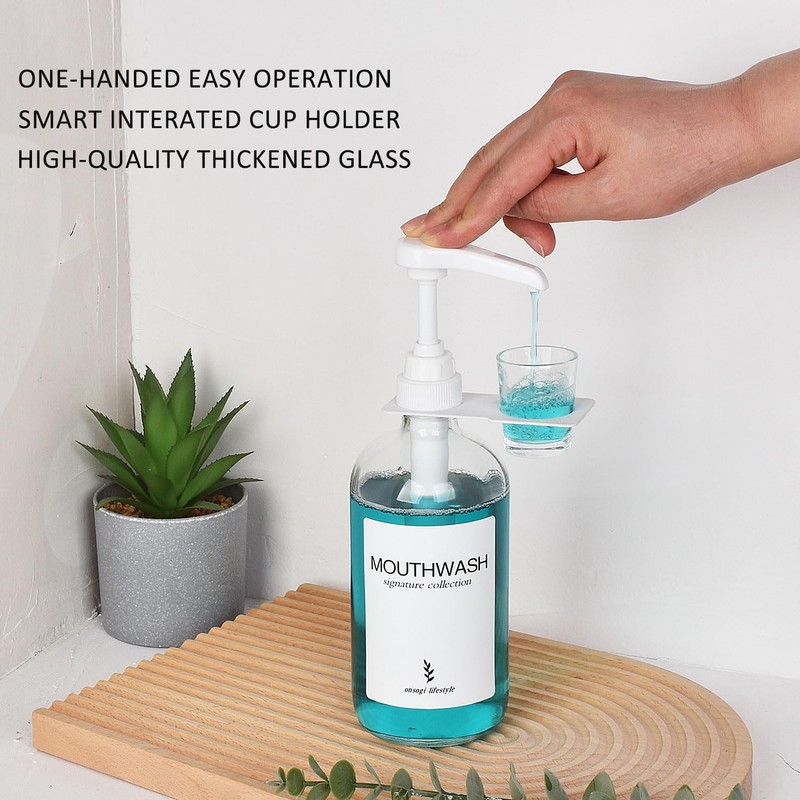 Onsogi Glass Mouthwash Dispenser with Cup Holder and Pump, 16