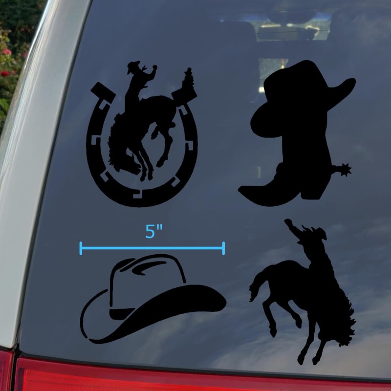Cowboy Decal 4 Pack: Bucking Bronco Silhouette, Cowboy Hat, Hat