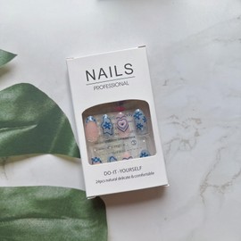 24Pcs Almond Press on Nails with Designs, Medium Length False Nails Cute Flowers Heart Girds Glue on Nails Exquisite Blue Pattern French Fake Nails Summer Stick on Nails for Women Girls Manicure