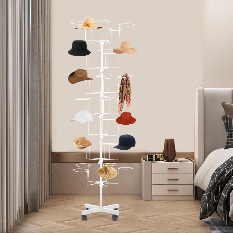 7-Tier Rotating Hat Display Rack, 35 Hooks Adjustable Metal Freestanding