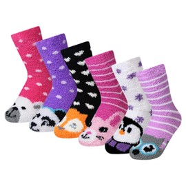 6 Pairs of Women's/Girl's Fuzzy Soft Plush Slipper Socks, Fluffy Winter Warm Cozy Animal Print Socks, Womens Shoe Size 5-10