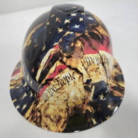 Pyramex full brim hard hat custom hydro dipped IN BATTLE WORN TATTERED AND TORN USA FLAG - 4pt suspension