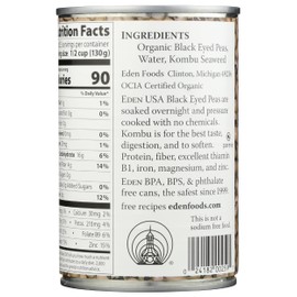 Eden Organic Black Eyed Peas, 15 oz Can, No Salt, Non-GMO, Gluten Free, Vegan, Kosher, U.S. Grown, Heat and Serve, No Preservative, Macrobiotic