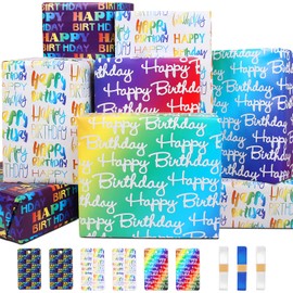 Wrapping Paper Birthday Wrapping Paper with Hradient Multi-colour "Happy Birthday" Text Design, Birthday Wrapping Paper Set Include 6 x Gift Wrapping Paper Sheets + 6 Tags + 2 rolls of ribbon,