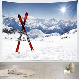 BELECO Winter Mountain Tapestry 60x40 Inch White Snow Mountain Ski Board Skiing Sport Winter Scene Christmas Holiday Wall Decor for Living Room Bedroom Dorm Home