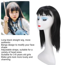 Girl Bangs Wig, Long Straight Black Wig for Girls, No Secondary Trmming Adjustable Straps Heat Resistant Suitable for Various Occasions