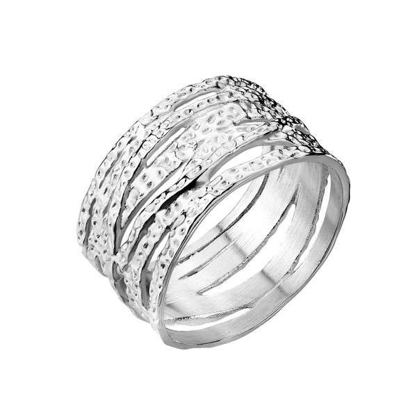 Bungsa Women's Stainless Steel Cross and Hammered Silver Ring, Stainless