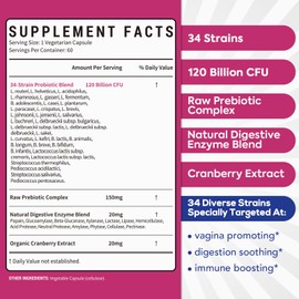 Surebounty Probiotics for Women, 120 Billion CFU 34 Strains, Prebiotics, Digestive Enzymes, Cranberry, 4-in-1 Feminine Probiotic, Digestive, Vaginal, Immune Support, 60ct