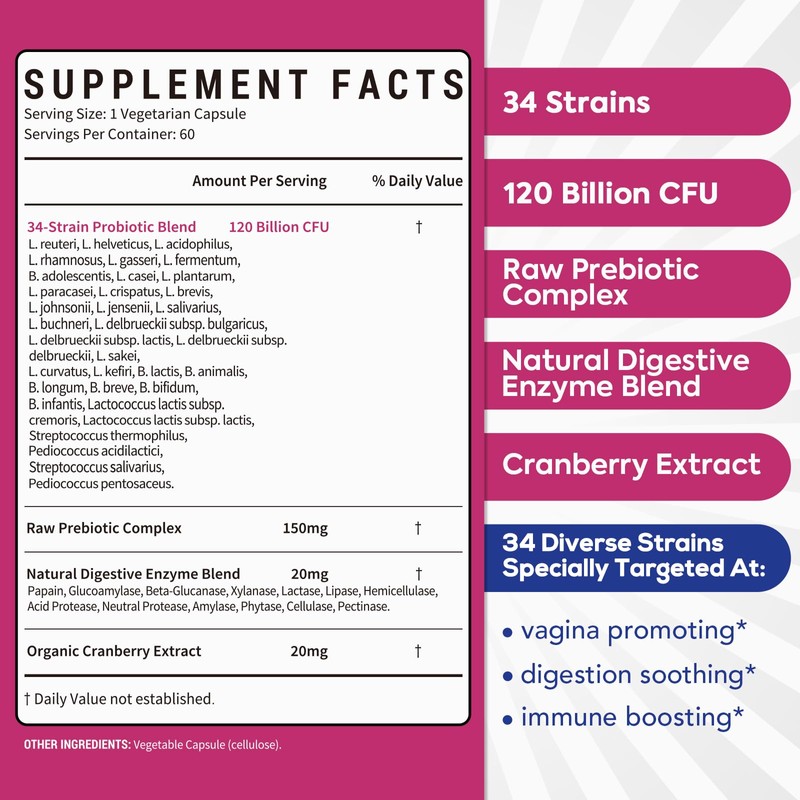 Surebounty Probiotics for Women, 120 Billion CFU 34 Strains, Prebiotics,