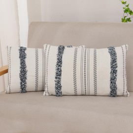 MissOwl Set of 2 Boho Tufted Throw Pillow Covers Modern Farmhouse Garden Decorative Pillowcase Cushion Cover for Couch Sofa Bed Living Room 12x 20 Navy Blue