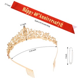 YARIEW 40th Anniversary Decorations, Red Crown and Happy 40th Anniversary Sash Set, Tiara Crown Sash for 40th Wedding Anniversary Decorations for Party Gifts for Women
