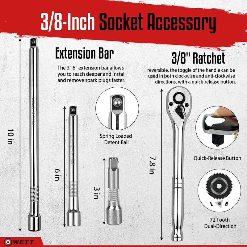WETT 12Pcs Spark Plug Socket Set, 3/8" Drive Ratchet Handle