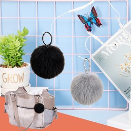 Hicarer 2 Pieces Pom Poms Keychains Fluffy Faux Pompoms Keyring Soft Plush Key Ring Ornament Pendant Accessory for Ladies Women(Grey, Black)