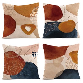 4Pcs Boho Cushion Cover, 45 x 45 cm,Mid Century Abstract Aesthetic Navy Blue Burnt Orange Cushion Covers Geometric Minimalist Modern Art Linen Cushion for Sofa Couch Home